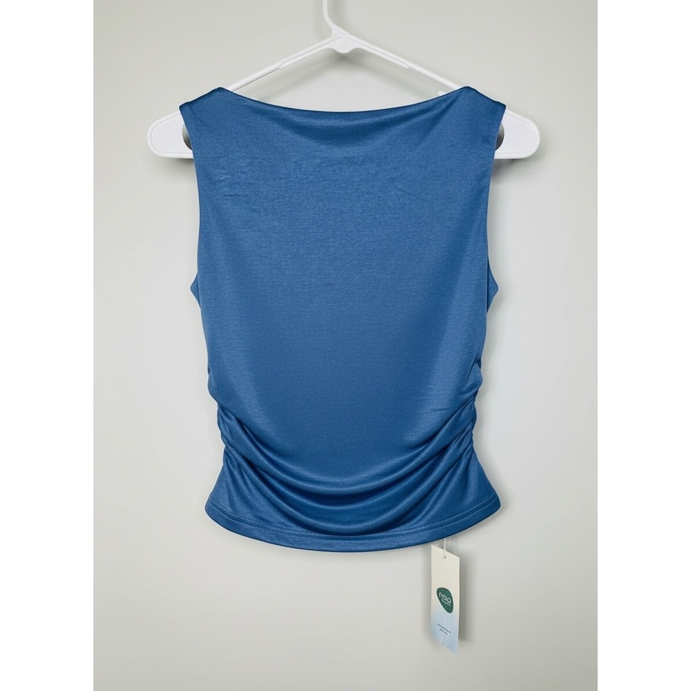 OGL Tank Top Women S Blue Cowl Neck Ruched Sleeveless Naia Sustainable Blouse - Picture 2 of 6